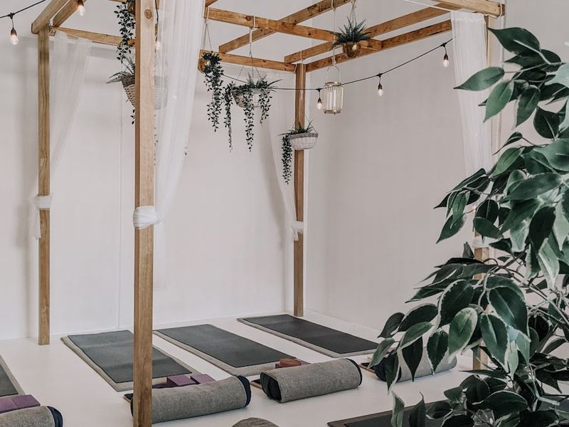 Minimalist yoga studio with a single mat and plants.
